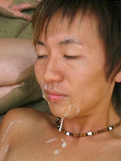 3 hot studs with huge big cocks and massive cum shoot their loads all over a sweet boy\\\\\\\'s eager face.