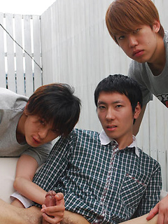 Kaede and Fuji grab the lube and a dildo and bend Jo over the small couch pulling off his shorts